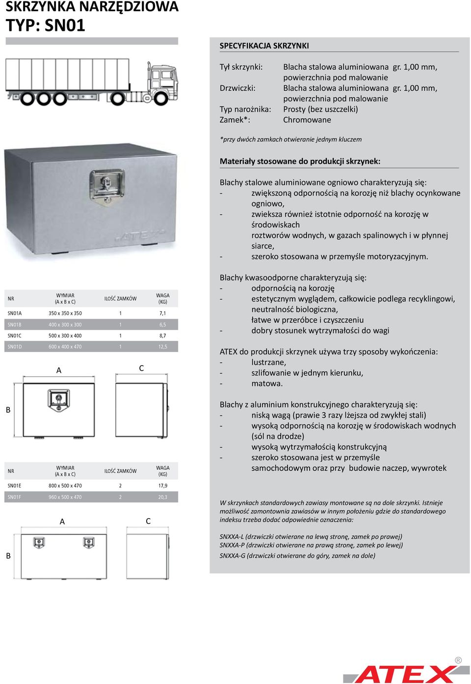 SN01 500 x 300 x 400 1 8,7 SN01D 600 x 400 x 470 1 12,5 lachy kwasoodporne charakteryzują się: TEX do produkcji skrzynek używa trzy sposoby wykończenia: WYMIR ILOŚĆ ZMKÓW WG lachy z aluminium