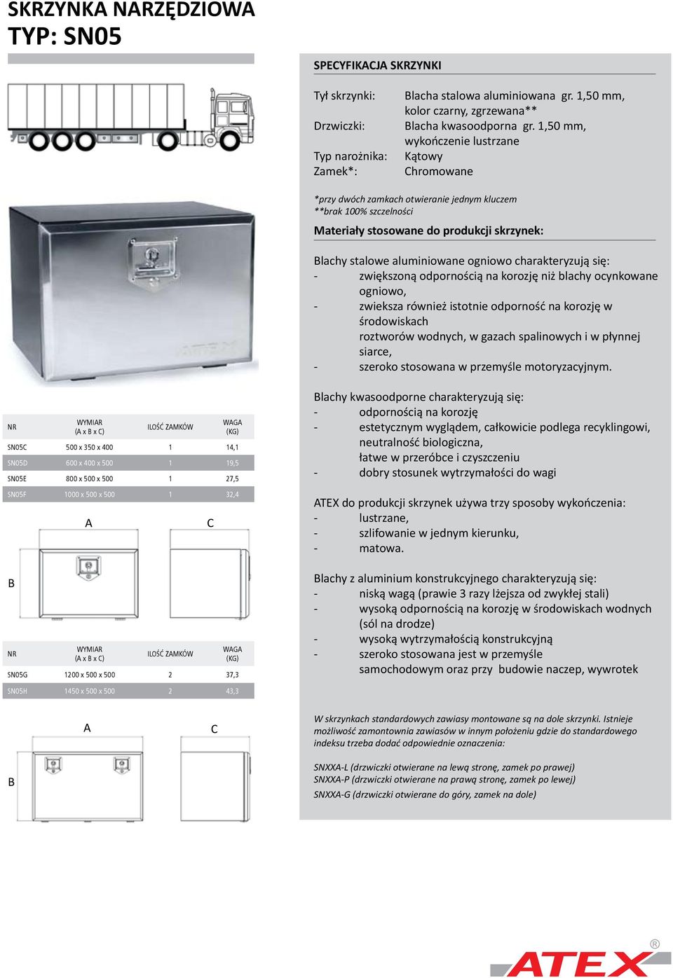 19,5 SN05E 800 x 500 x 500 1 27,5 SN05F 1000 x 500 x 500 1 32,4 WYMIR ILOŚĆ ZMKÓW WG SN05G 1200 x 500 x 500 2 37,3 lachy kwasoodporne charakteryzują się: TEX do produkcji skrzynek używa trzy sposoby