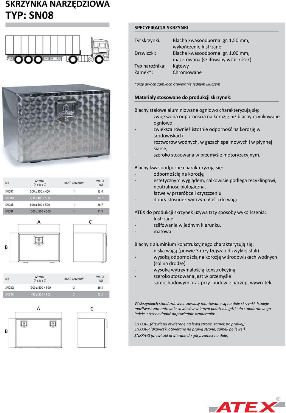 SN08E 800 x 500 x 500 1 26,7 SN08F 1000 x 500 x 500 1 31,5 WYMIR ILOŚĆ ZMKÓW WG SN08G 1200 x 500 x 500 2 36,3 lachy kwasoodporne charakteryzują się: TEX do produkcji skrzynek używa trzy sposoby