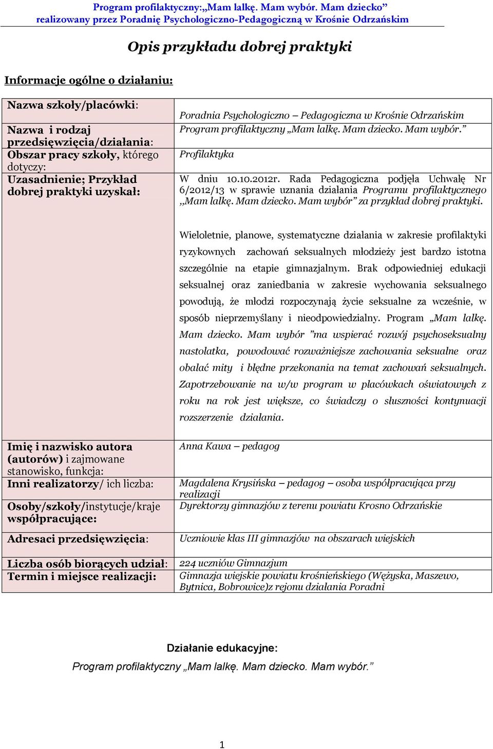 Rada Pedagogiczna podjęła Uchwałę Nr 6/2012/13 w sprawie uznania działania Programu profilaktycznego,,mam lalkę. Mam dziecko. Mam wybór za przykład dobrej praktyki.