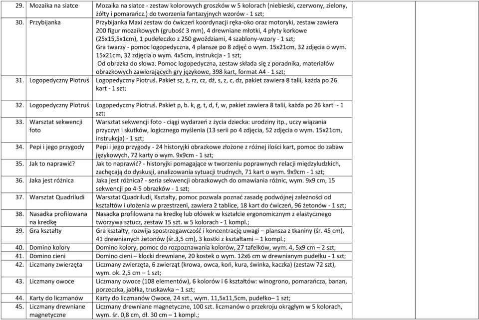 z 250 gwoździami, 4 szablony-wzory - 1 szt; Gra twarzy - pomoc logopedyczna, 4 plansze po 8 zdjęć o wym. 15x21cm, 32 zdjęcia o wym. 15x21cm, 32 zdjęcia o wym. 4x5cm, instrukcja - 1 szt; Od obrazka do słowa.