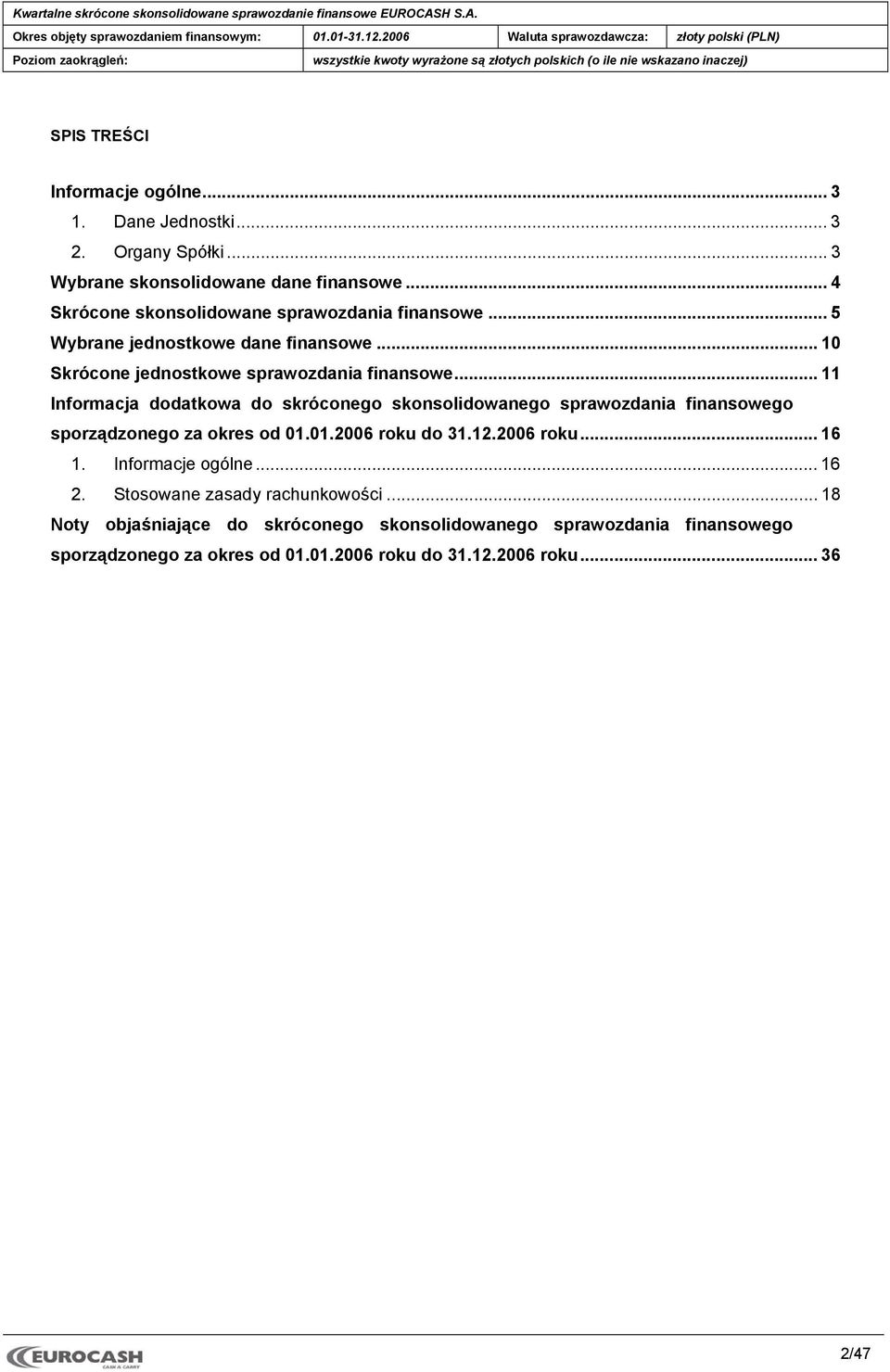 .. 11 Informacja dodatkowa do skróconego skonsolidowanego sprawozdania finansowego sporządzonego za okres od 01.01.2006 roku do 31.12.2006 roku... 16 1.