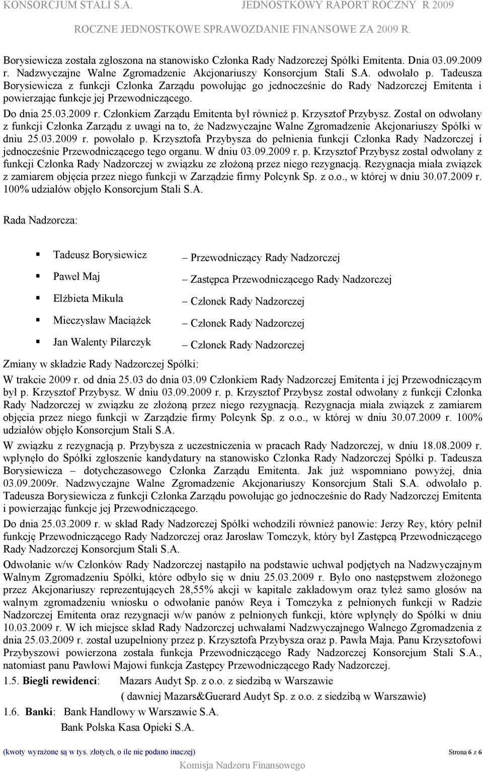 Członkiem Zarządu Emitenta był również p. Krzysztof Przybysz. Został on odwołany z funkcji Członka Zarządu z uwagi na to, że Nadzwyczajne Walne Zgromadzenie Akcjonariuszy Spółki w dniu 25.03.2009 r.