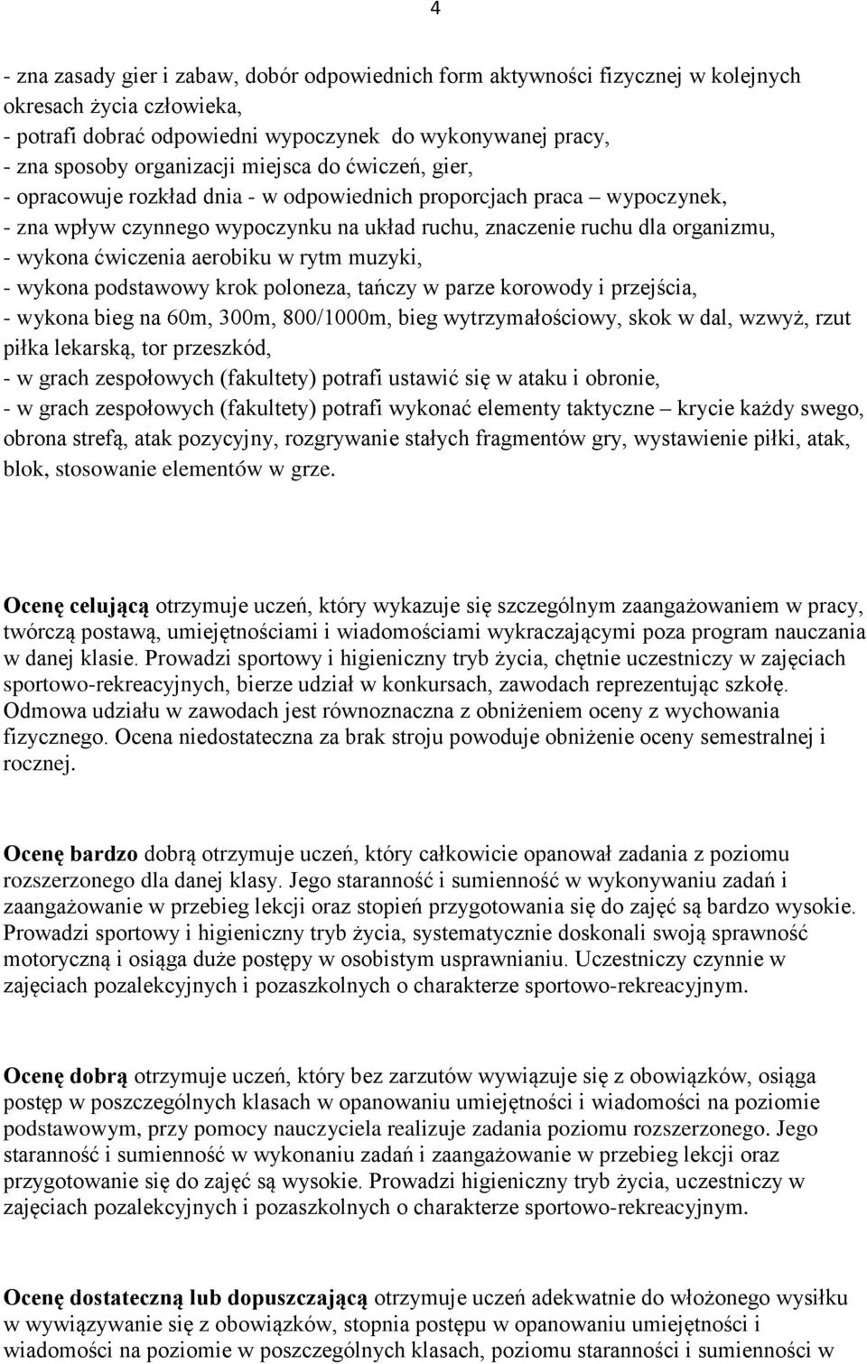 aerobiku w rytm muzyki, - wykona podstawowy krok poloneza, tańczy w parze korowody i przejścia, - wykona bieg na 60m, 300m, 800/1000m, bieg wytrzymałościowy, skok w dal, wzwyż, rzut piłka lekarską,