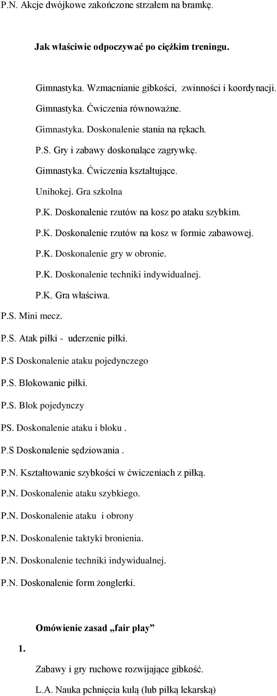 P.K. Doskonalenie gry w obronie. P.K. Doskonalenie techniki indywidualnej. P.K. Gra właściwa. P.S. Mini mecz. P.S. Atak piłki - uderzenie piłki. P.S Doskonalenie ataku pojedynczego P.S. Blokowanie piłki.