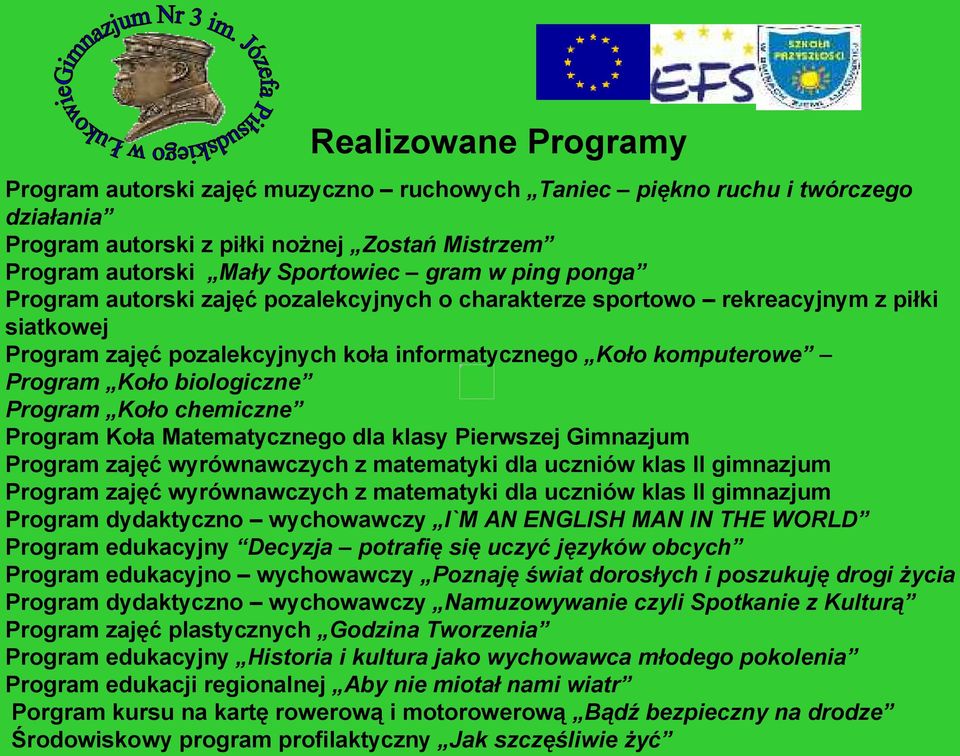 Koło chemiczne Program Koła Matematycznego dla klasy Pierwszej Gimnazjum Program zajęć wyrównawczych z matematyki dla uczniów klas II gimnazjum Program zajęć wyrównawczych z matematyki dla uczniów