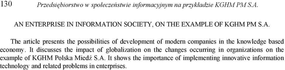 It discusses the impact of globalization on the changes occurring in organizations on the example of KGHM Polska Miedź S.A.