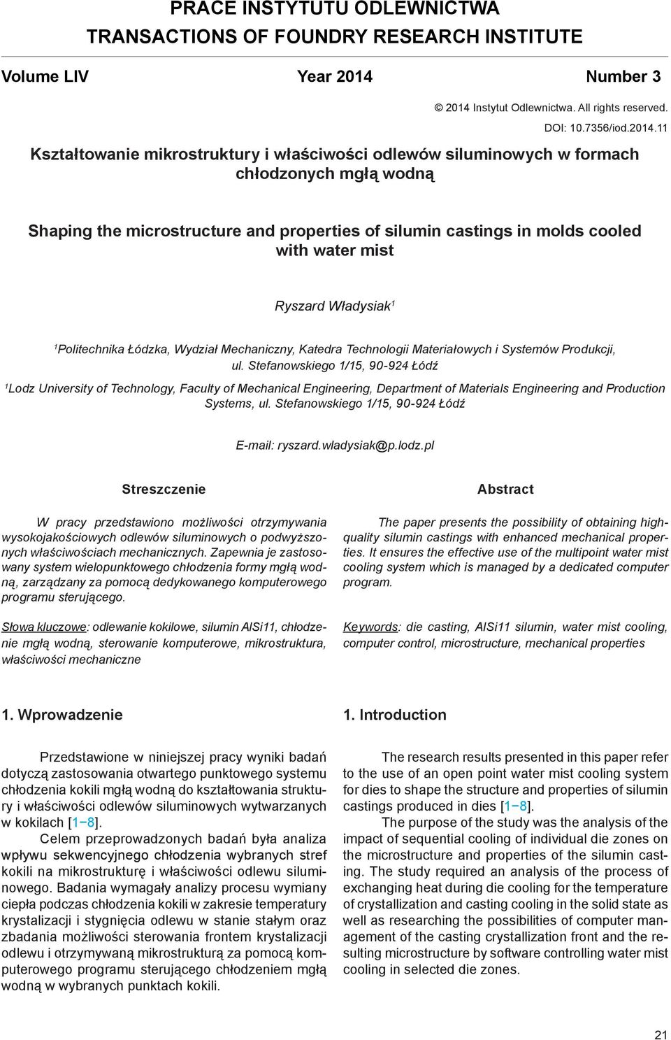 Instytut Odlewnictwa. All rights reserved. DOI: 10.7356/iod.2014.