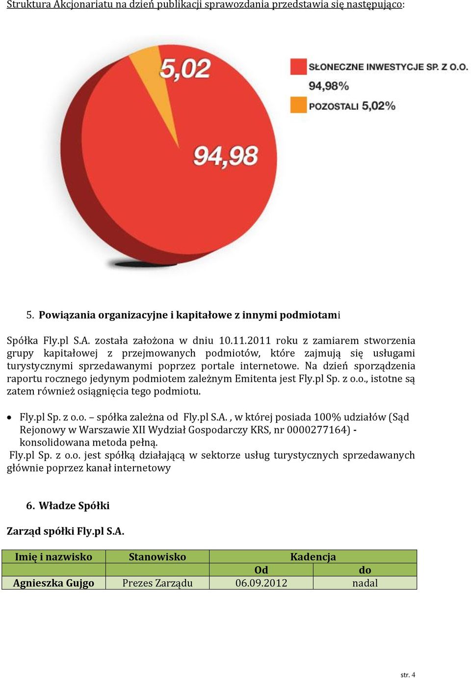 Na dzień sporządzenia raportu rocznego jedynym podmiotem zależnym Emitenta jest Fly.pl Sp. z o.o., istotne są zatem również osiągnięcia tego podmiotu. Fly.pl Sp. z o.o. spółka zależna od Fly.pl S.A.