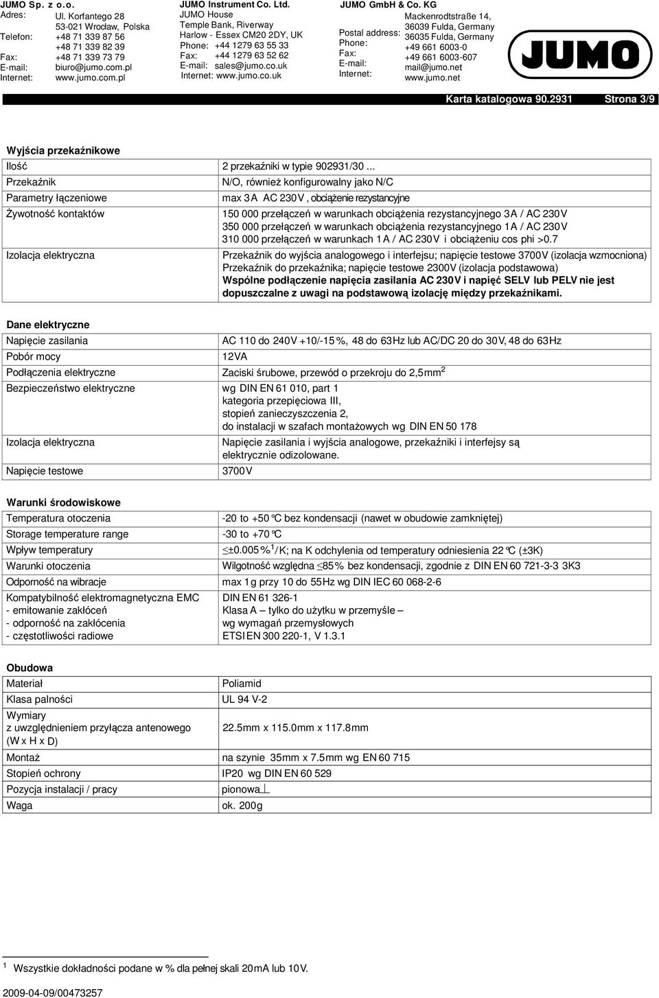 rezystancyjnego 3 A / AC 230 V 350 000 przełączeń w warunkach obciąŝenia rezystancyjnego 1 A / AC 230 V 310 000 przełączeń w warunkach 1 A / AC 230 V i obciąŝeniu cos phi >0.