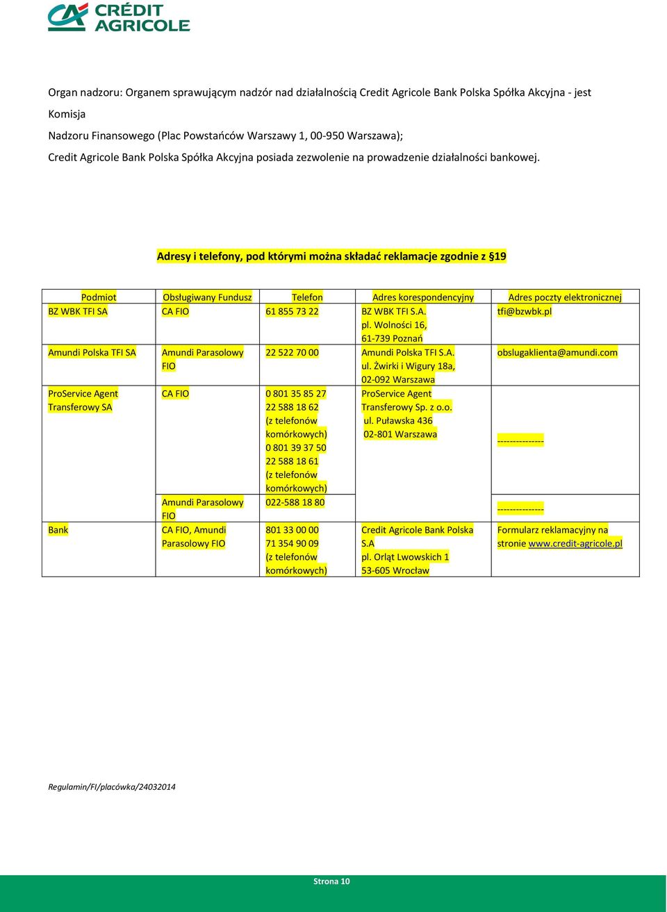 Adresy i telefony, pod którymi można składać reklamacje zgodnie z 19 Podmiot Obsługiwany Fundusz Telefon Adres korespondencyjny Adres poczty elektronicznej BZ WBK TFI SA CA FIO 61 855 73 22 BZ WBK