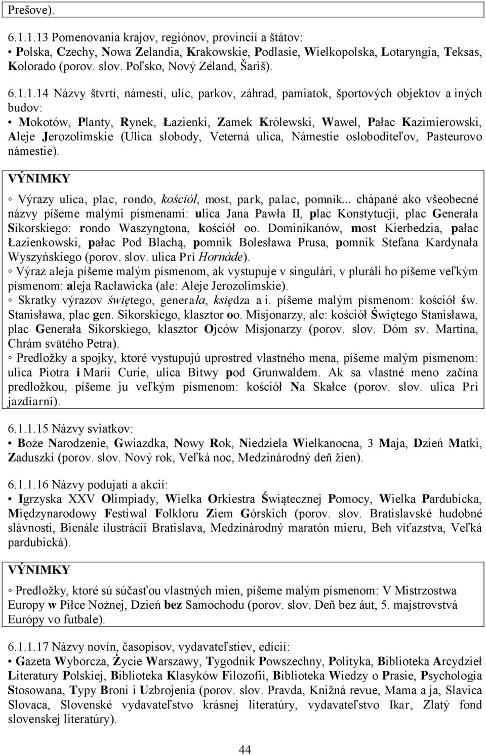 1.14 Názvy štvrtí, námestí, ulíc, parkov, záhrad, pamiatok, športových objektov a iných budov: Mokotów, Planty, Rynek, Łazienki, Zamek Królewski, Wawel, Pałac Kazimierowski, Aleje Jerozolimskie