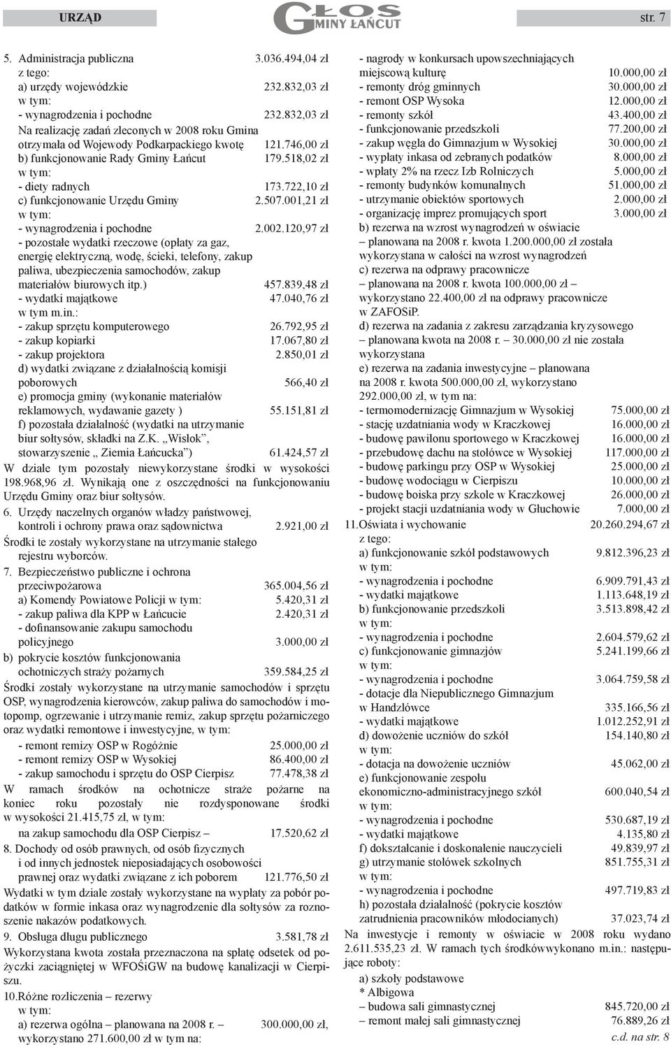 722,10 zł c) funkcjonowanie Urzędu Gminy 2.507.001,21 zł w tym: - wynagrodzenia i pochodne 2.002.