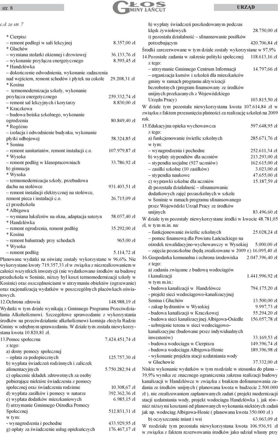 208,31 zł * Kosina termomodernizacja szkoły, wykonanie przyłącza energetycznego 259.332,74 zł remont sal lekcyjnych i korytarzy 8.