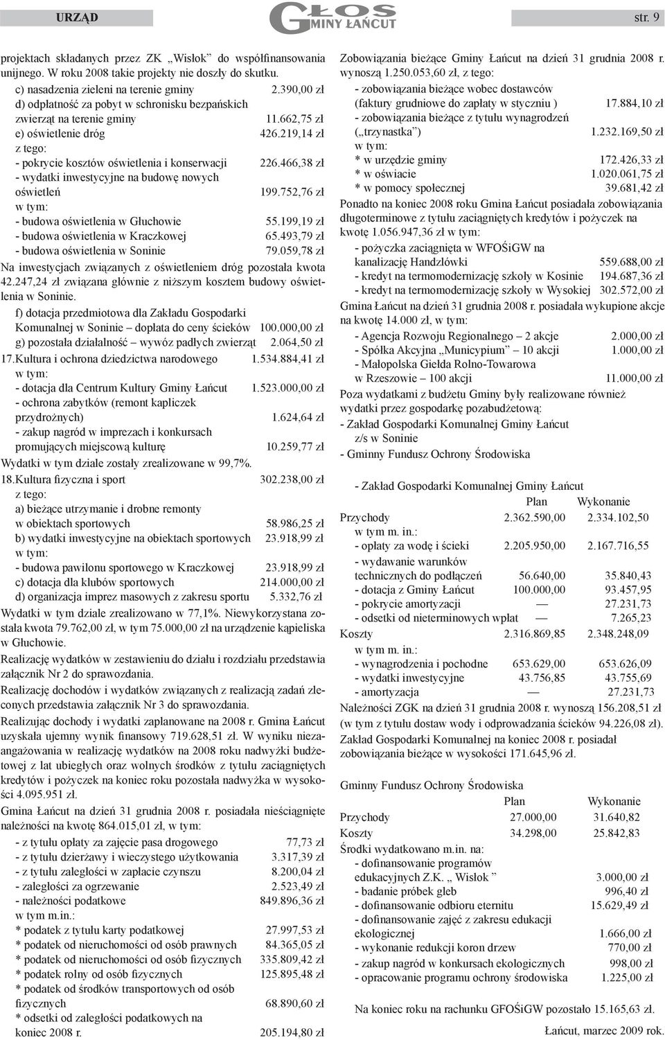 466,38 zł - wydatki inwestycyjne na budowę nowych oświetleń 199.752,76 zł w tym: - budowa oświetlenia w Głuchowie 55.199,19 zł - budowa oświetlenia w Kraczkowej 65.