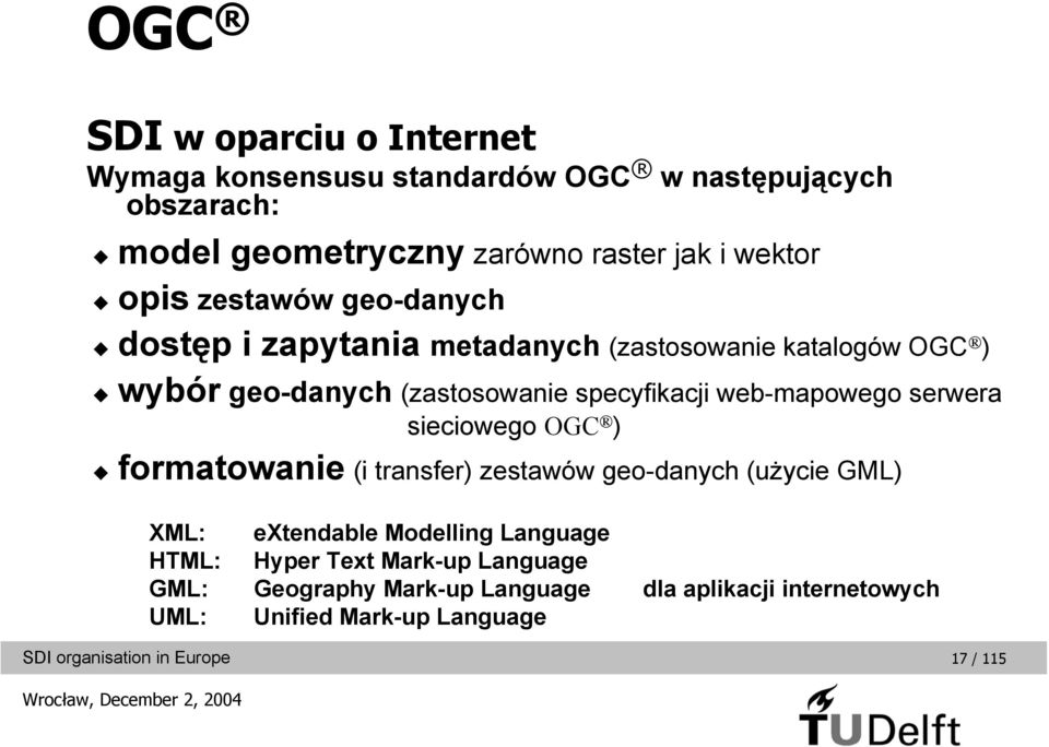 specyfikacji web-mapowego serwera sieciowego OGC ) formatowanie (i transfer) zestawów geo-danych (użycie GML) XML: extendable