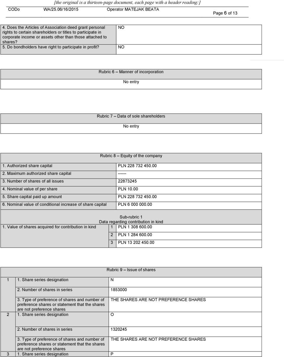 00 2. Maximum authorized share capital ------ 3. Number of shares of all issues 22873245 4. Nominal value of per share PLN 10.00 5. Share capital paid up amount PLN 228 732 450.00 6.