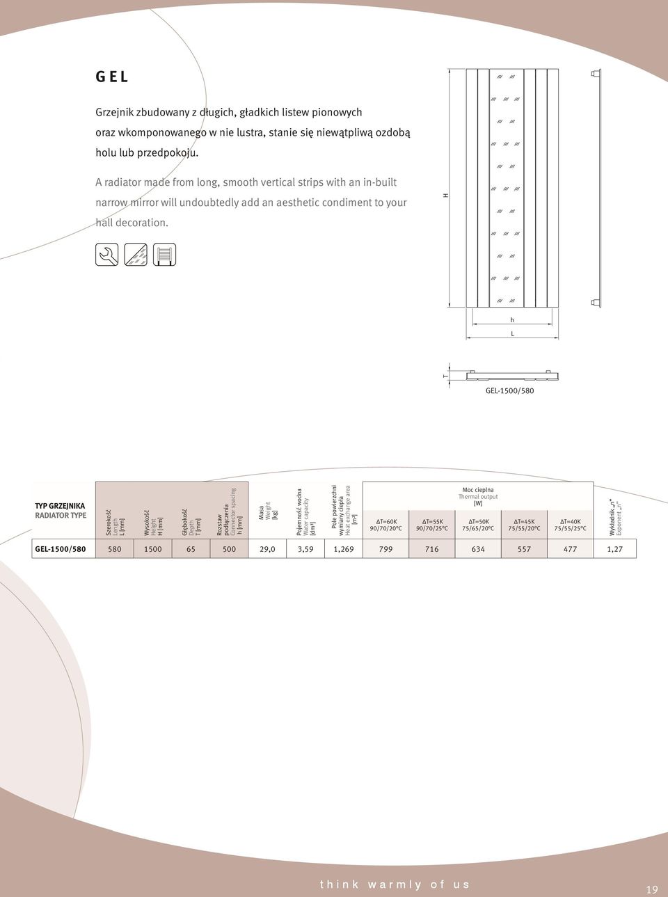H h L T GEL-1500/580 TYP GRZEJNIKA RADIATOR TYPE SzerokoÊç Length L [mm] WysokoÊç Height H [mm] Gł bokoêç Depth T [mm] Rozstaw podłàczenia Connector spacing h [mm] Masa Weight [kg] PojemnoÊç wodna