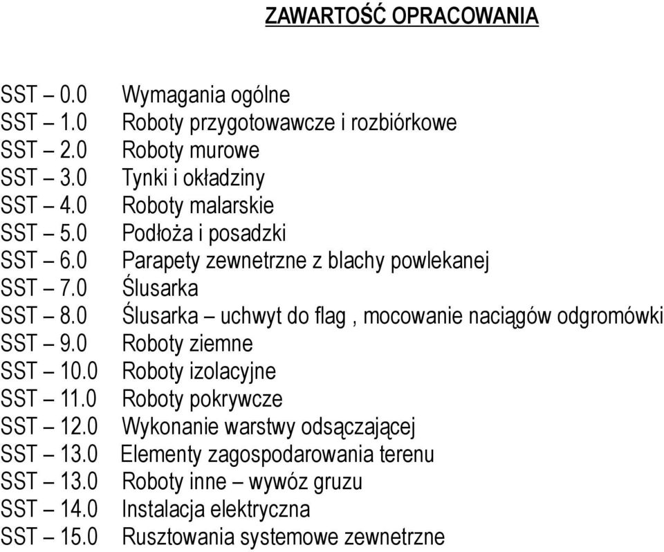 0 Wymagania ogólne Roboty przygotowawcze i rozbiórkowe Roboty murowe Tynki i okładziny Roboty malarskie Podłoża i posadzki Parapety zewnetrzne z