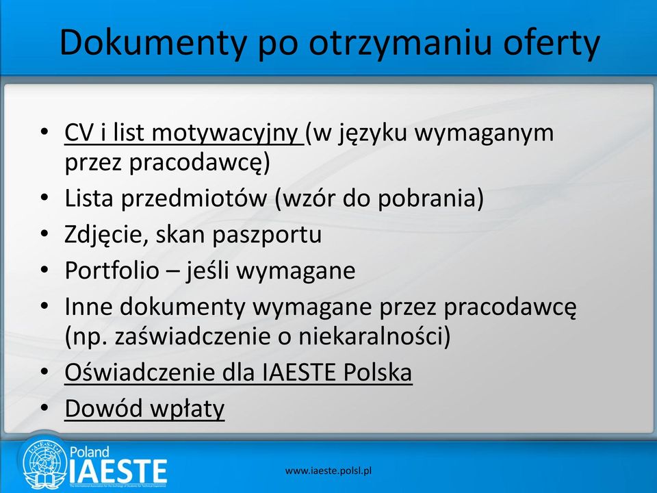 paszportu Portfolio jeśli wymagane Inne dokumenty wymagane przez