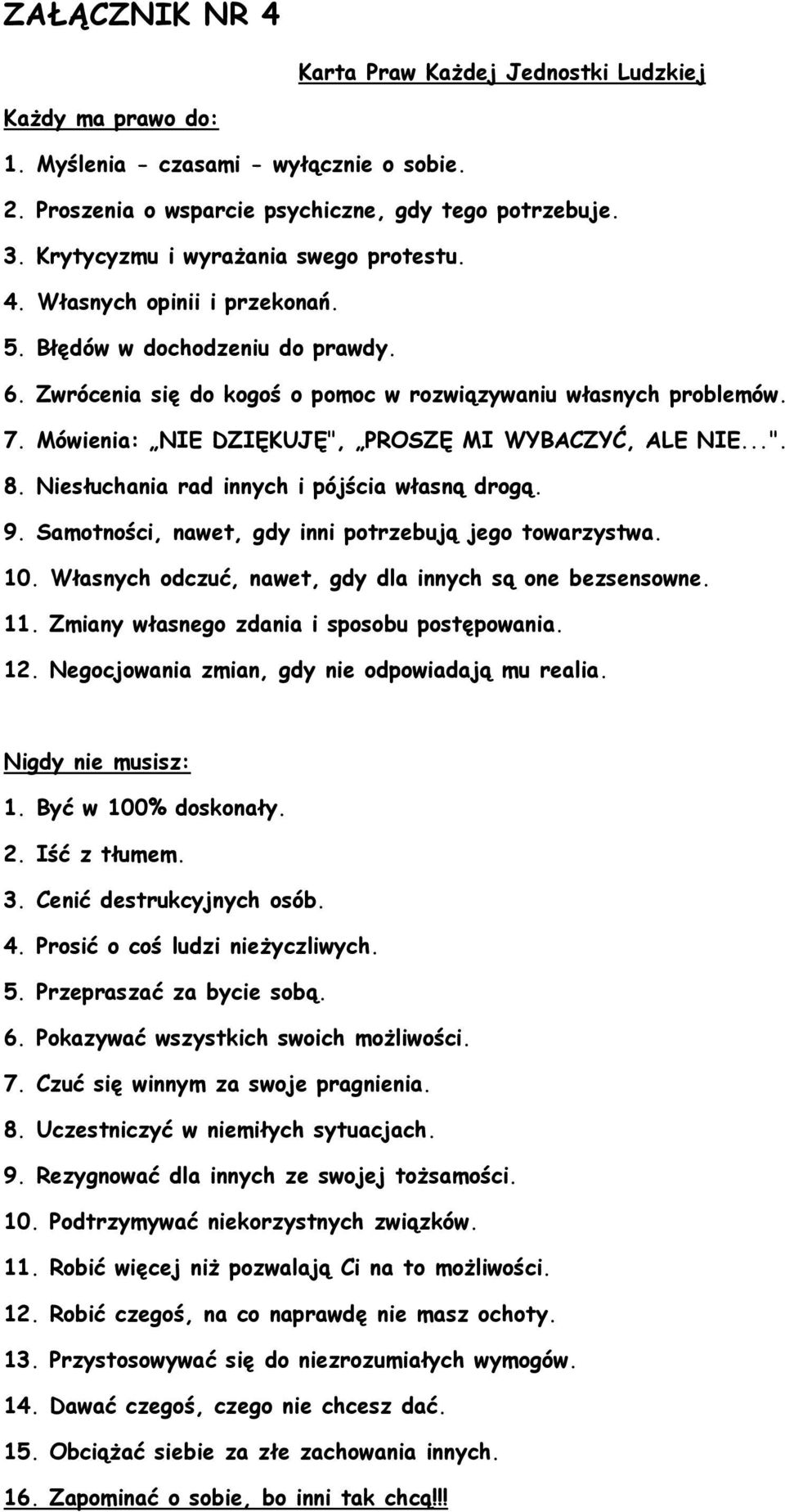 Mówienia: NIE DZIĘKUJĘ", PROSZĘ MI WYBACZYĆ, ALE NIE...". 8. Niesłuchania rad innych i pójścia własną drogą. 9. Samotności, nawet, gdy inni potrzebują jego towarzystwa. 10.