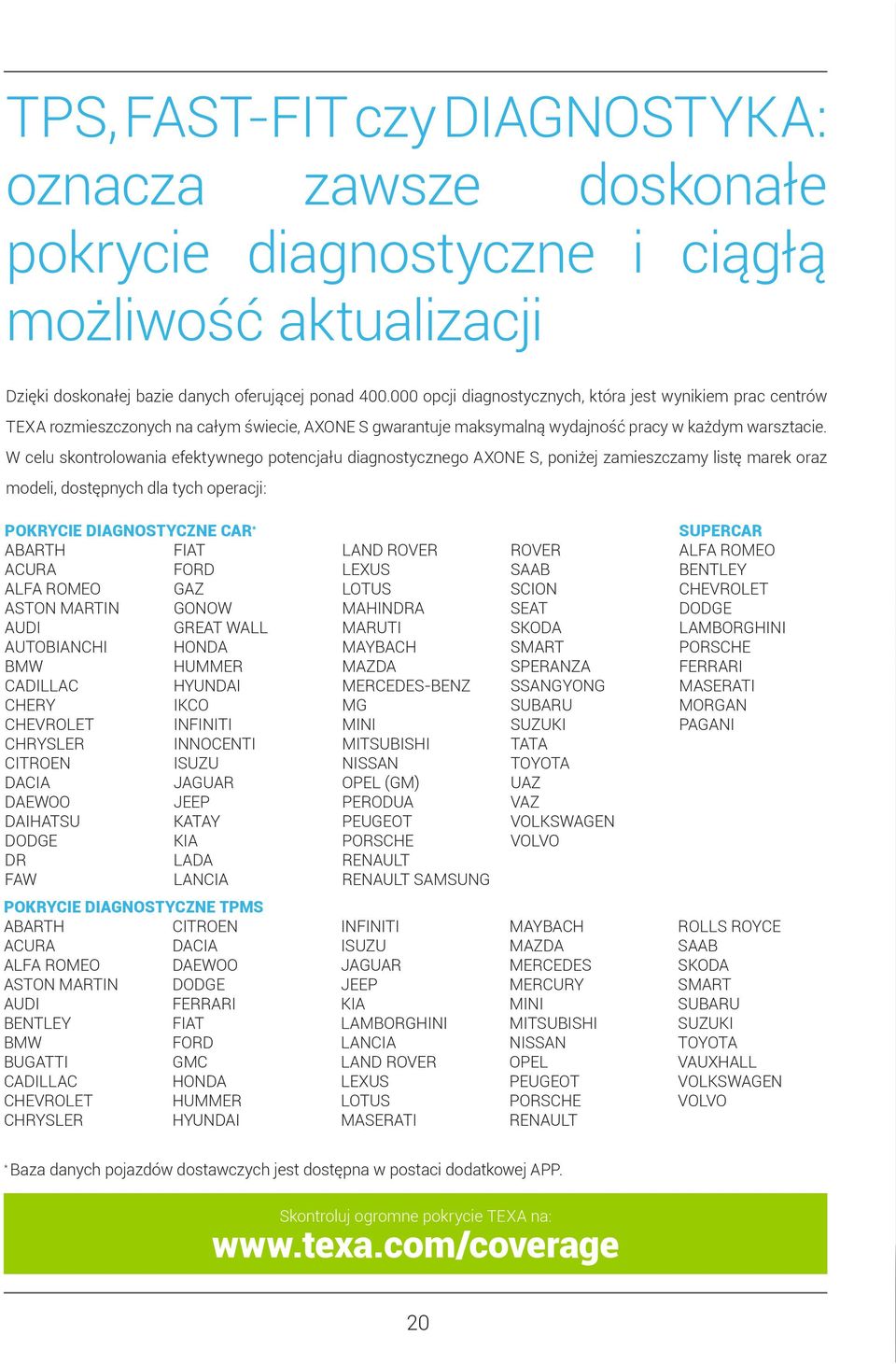 W celu skontrolowania efektywnego potencjału diagnostycznego AXONE S, poniżej zamieszczamy listę marek oraz modeli, dostępnych dla tych operacji: POKRYCIE DIAGNOSTYCZNE CAR * ABARTH FIAT ACURA FORD