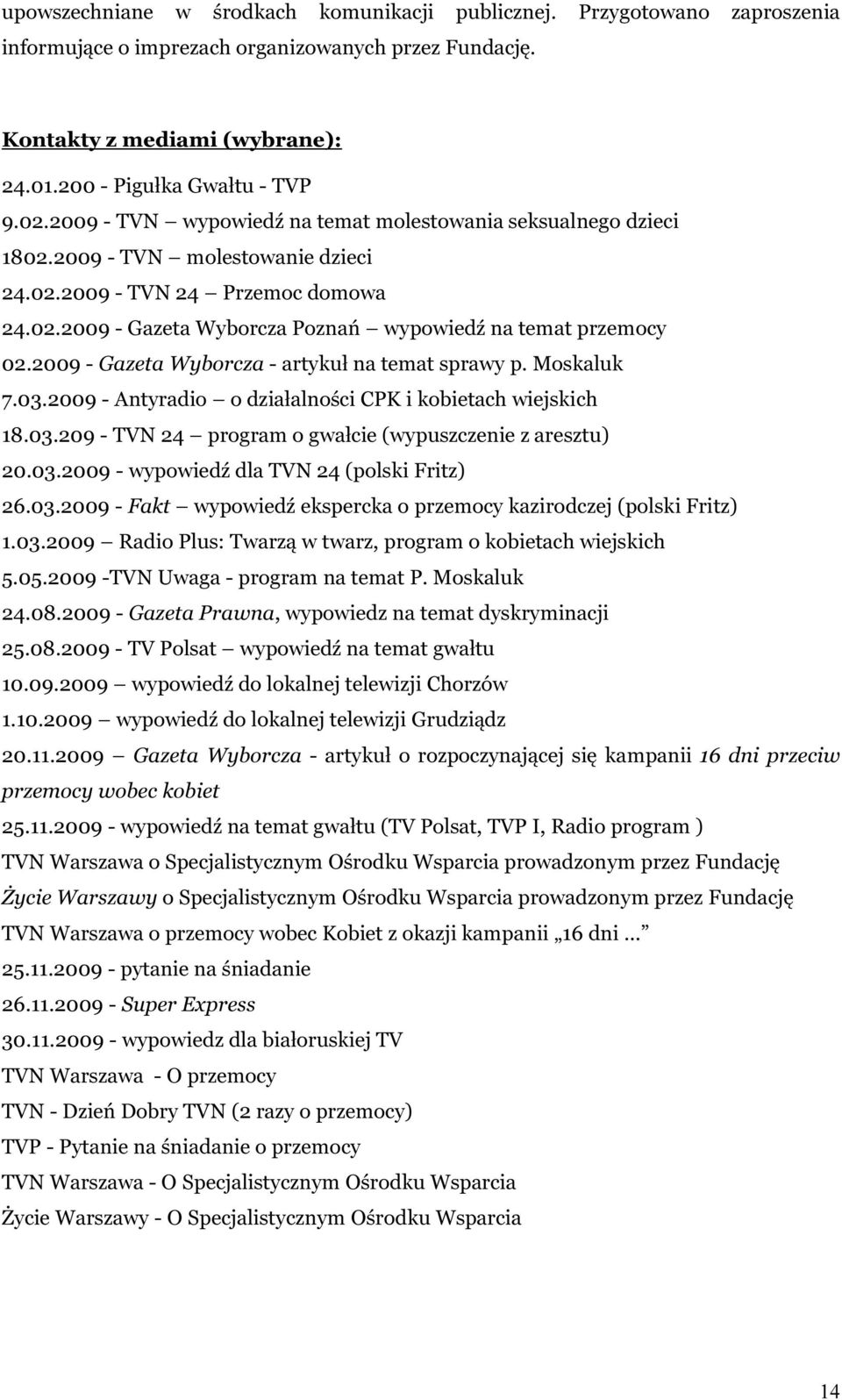 2009 - Gazeta Wyborcza - artykuł na temat sprawy p. Moskaluk 7.03.2009 - Antyradio o działalności CPK i kobietach wiejskich 18.03.209 - TVN 24 program o gwałcie (wypuszczenie z aresztu) 20.03.2009 - wypowiedź dla TVN 24 (polski Fritz) 26.