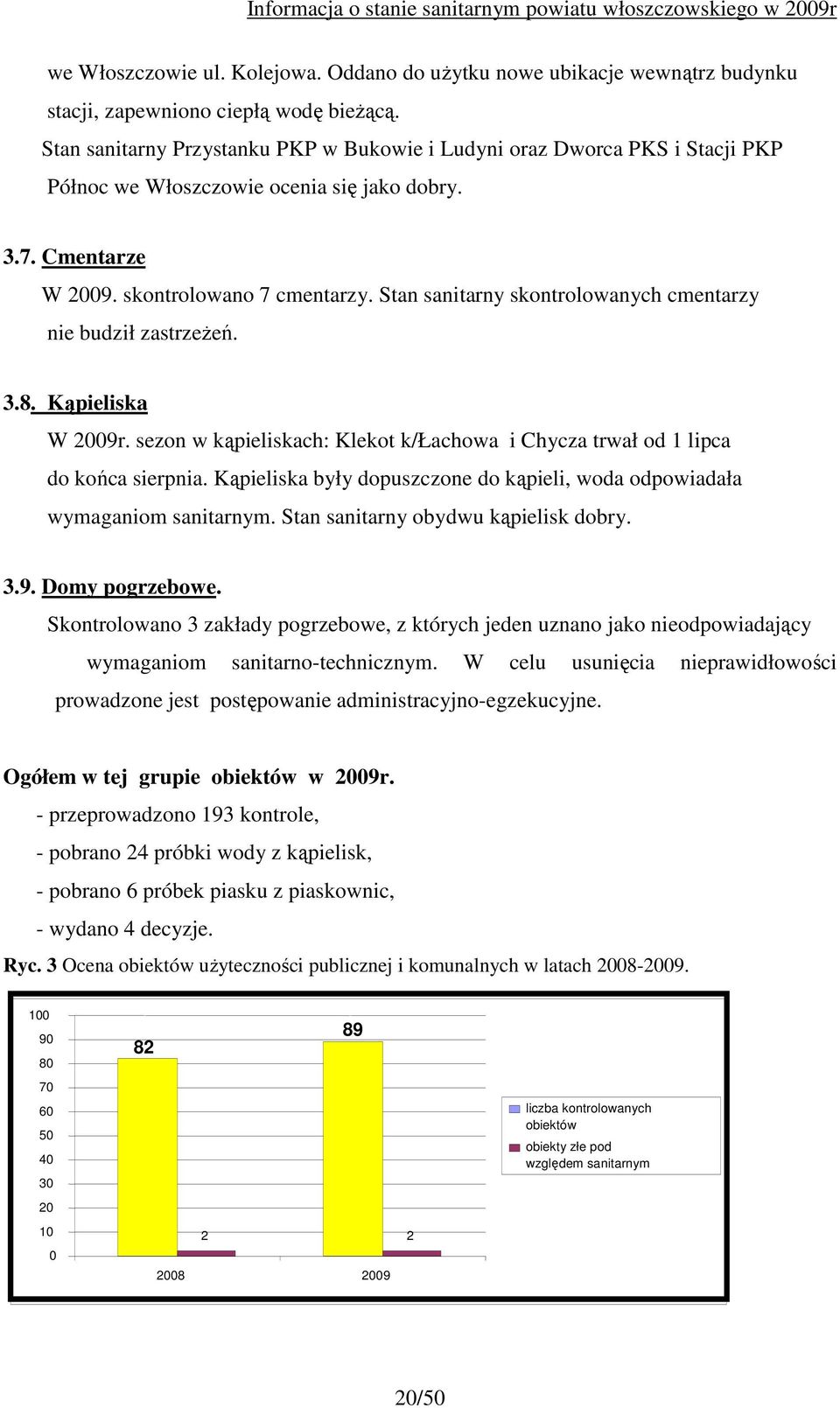 Stan sanitarny skontrolowanych cmentarzy nie budził zastrzeŝeń. 3.8. Kąpieliska W 2009r. sezon w kąpieliskach: Klekot k/łachowa i Chycza trwał od 1 lipca do końca sierpnia.