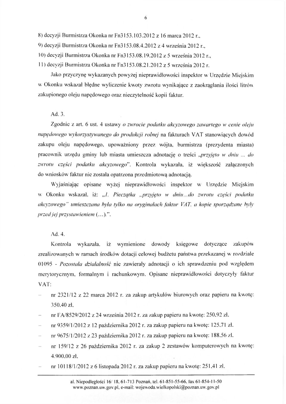 , 11) decyzji Burmistrza Okonka nr Fn3153.08.21.