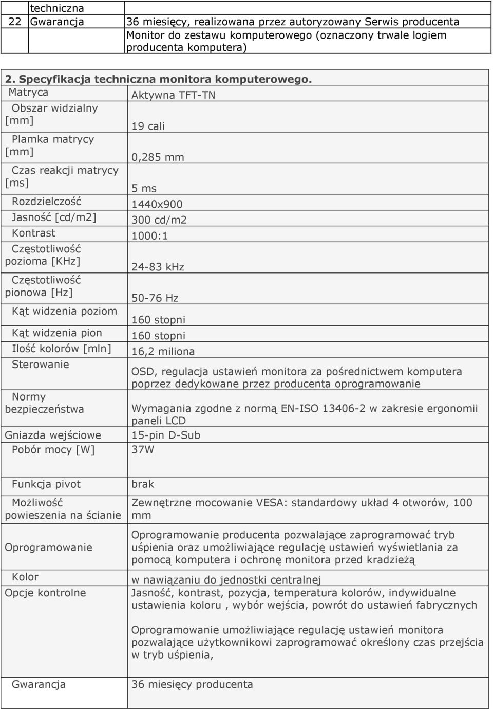 Matryca Aktywna TFT-TN Obszar widzialny [mm] 19 cali Plamka matrycy [mm] 0,285 mm Czas reakcji matrycy [ms] 5 ms Rozdzielczość 1440x900 Jasność [cd/m2] 300 cd/m2 Kontrast 1000:1 Częstotliwość pozioma