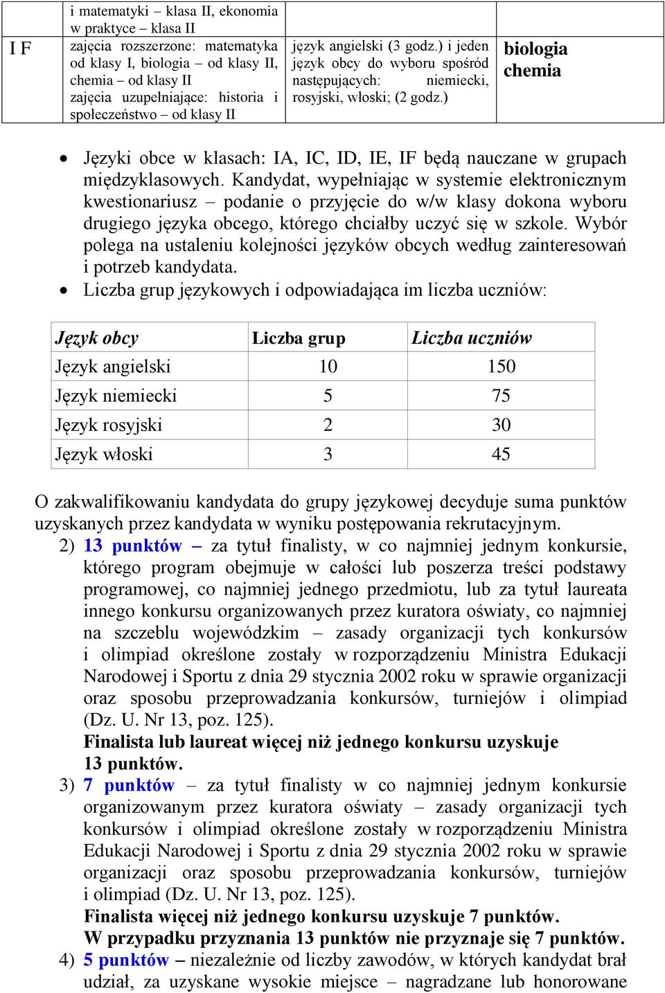 ) biologia chemia Języki obce w klasach: IA, IC, ID, IE, IF będą nauczane w grupach międzyklasowych.