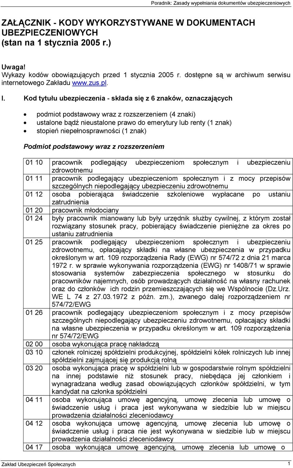 Kod tytułu ubezpieczenia - składa się z 6 znaków, oznaczających podmiot podstawowy wraz z rozszerzeniem (4 znaki) ustalone bądź nieustalone prawo do emerytury lub renty (1 znak) stopień