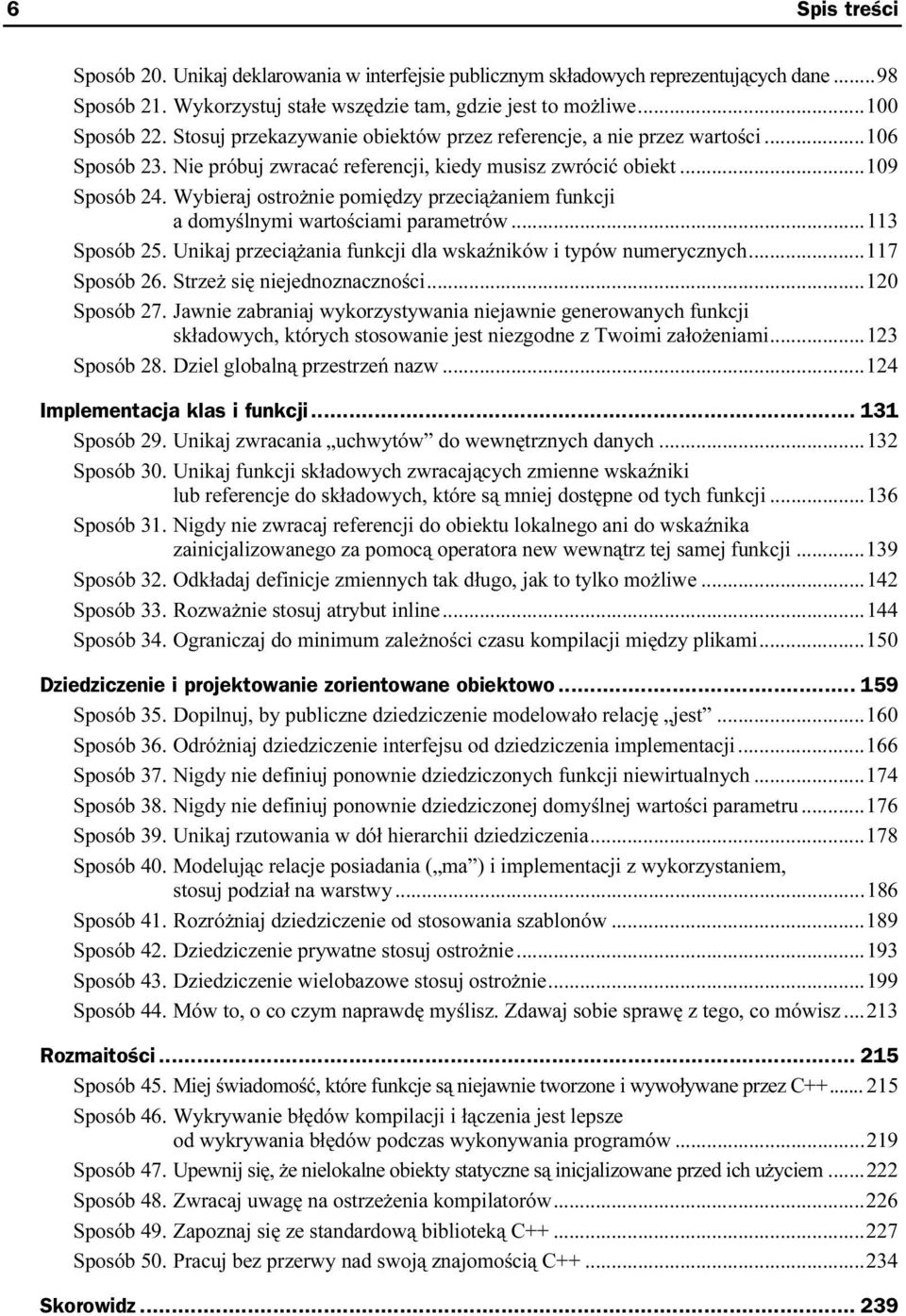 Wybieraj ostrożnie pomiędzy przeciążaniem funkcji a domyślnymi wartościami parametrów...w...113 Sposób 25. Unikaj przeciążania funkcji dla wskaźników i typów numerycznych...117 Sposób 26.