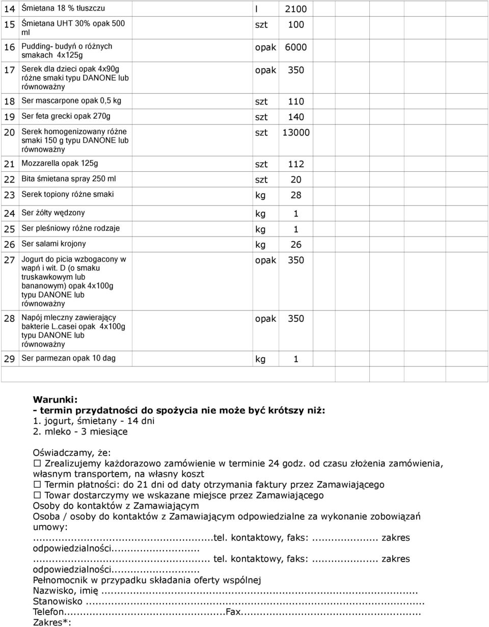 ml szt 20 23 Serek topiony różne smaki kg 28 24 Ser żółty wędzony kg 1 25 Ser pleśniowy różne rodzaje kg 1 26 Ser salami krojony kg 26 27 Jogurt do picia wzbogacony w wapń i wit.