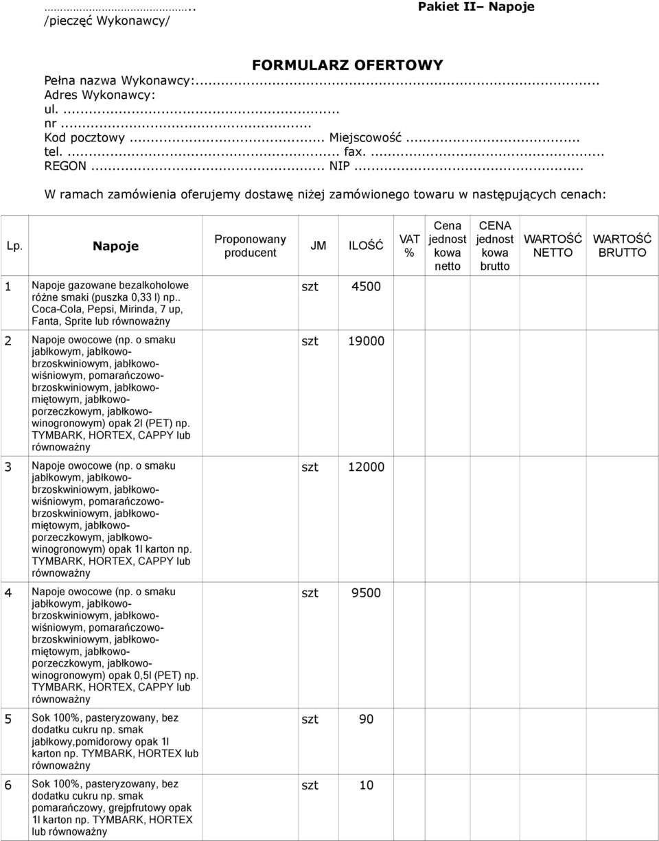 Napoje Proponowany producent JM ILOŚĆ VAT % Cena netto CENA brutto WARTOŚĆ NETTO WARTOŚĆ BRUTTO 1 Napoje gazowane bezalkoholowe różne smaki (puszka 0,33 l) np.