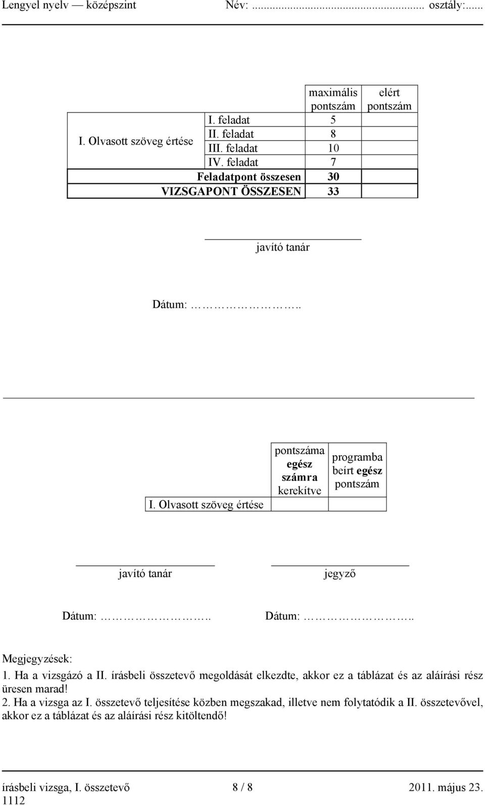 Olvasott szöveg értése pontszáma egész számra kerekítve programba beírt egész pontszám javító tanár jegyző Dátum:.. Dátum:.. Megjegyzések: 1. Ha a vizsgázó a II.