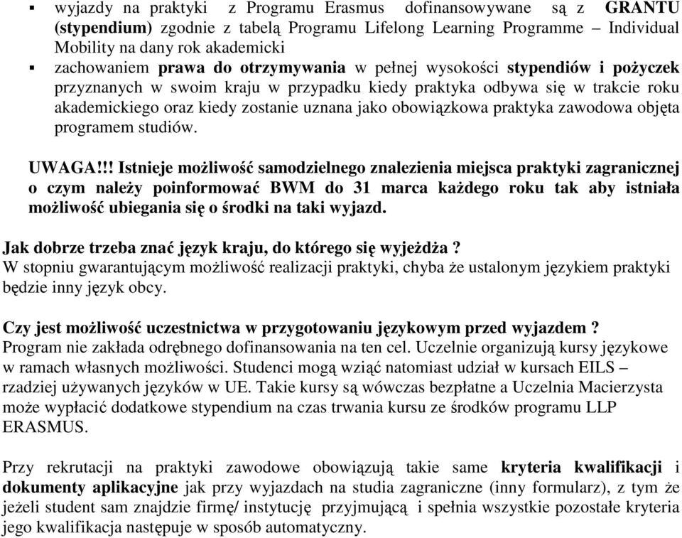 zawodowa objęta programem studiów. UWAGA!