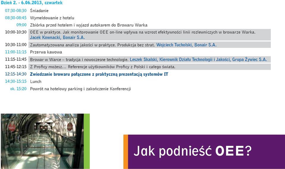 Produkcja bez strat. Wojciech Tucholski, Bonair S.A. 11:00-11:15 Przerwa kawowa 11:15-11:45 Browar w Warce tradycja i nowoczesne technologie.