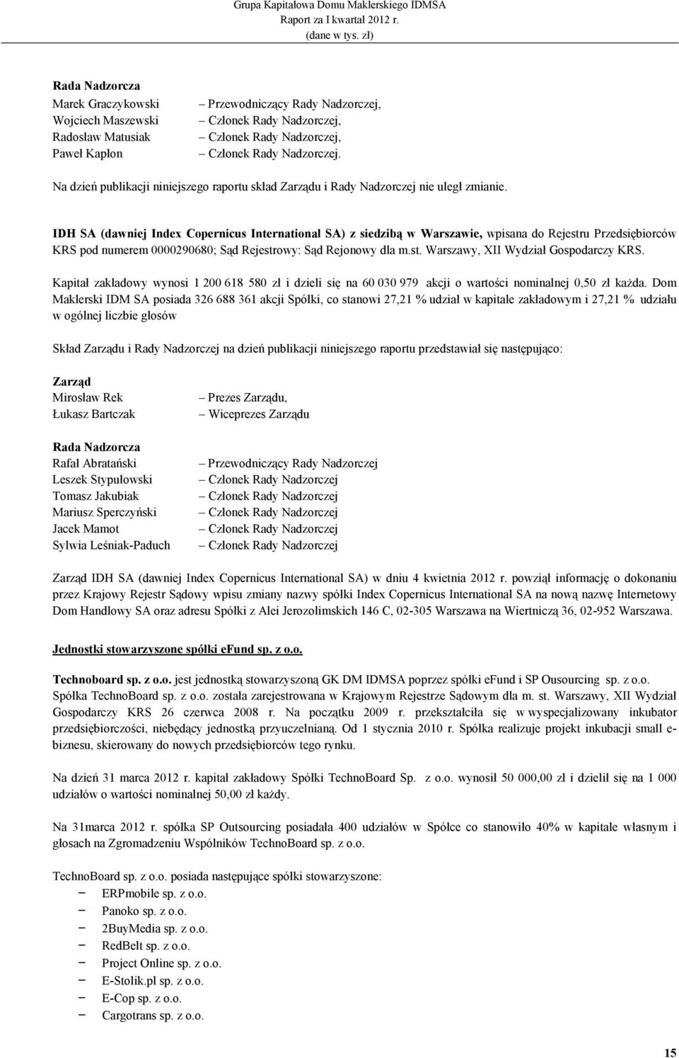 IDH SA (dawniej Index Copernicus International SA) z siedzibą w Warszawie, wpisana do Rejestru Przedsiębiorców KRS pod numerem 0000290680; Sąd Rejestrowy: Sąd Rejonowy dla m.st. Warszawy, XII Wydział Gospodarczy KRS.