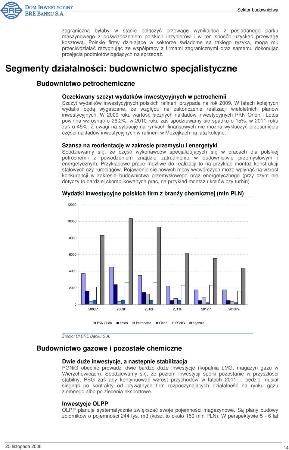 Segmenty działalności: budownictwo specjalistyczne Budownictwo petrochemiczne Oczekiwany szczyt wydatków inwestycyjnych w petrochemii Szczyt wydatków inwestycyjnych polskich rafinerii przypada na rok