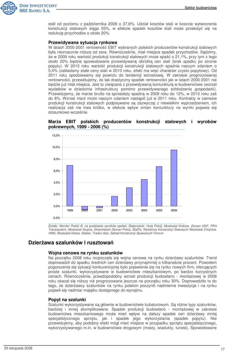 Przewidywana sytuacja rynkowa W latach 2000-2001 rentowność EBIT wybranych polskich producentów konstrukcji stalowych była nieznacznie niższa od zera. Równocześnie, miał miejsce spadek przychodów.