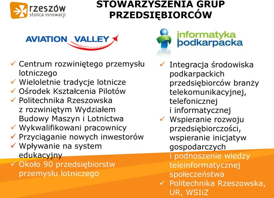 Około 90 przedsiębiorstw przemysłu lotniczego Integracja środowiska podkarpackich przedsiębiorców branży telekomunikacyjnej, telefonicznej i