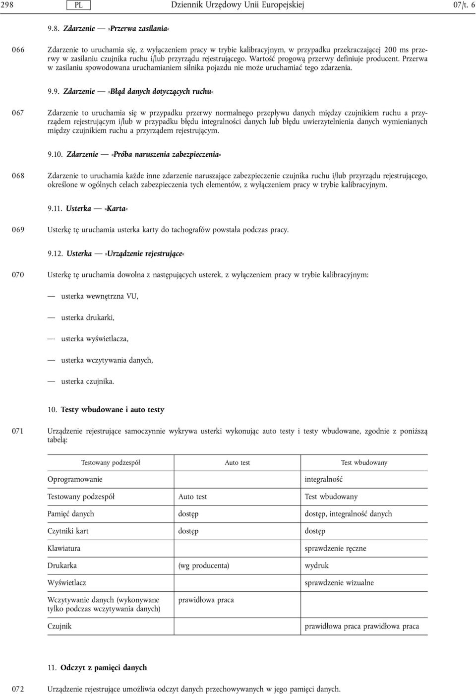 9. Zdarzenie»Bląd danych dotyczących ruchu«067 Zdarzenie to uruchamia się w przypadku przerwy normalnego przeplywu danych między czujnikiem ruchu a przyrządem rejestrującym i/lub w przypadku blędu