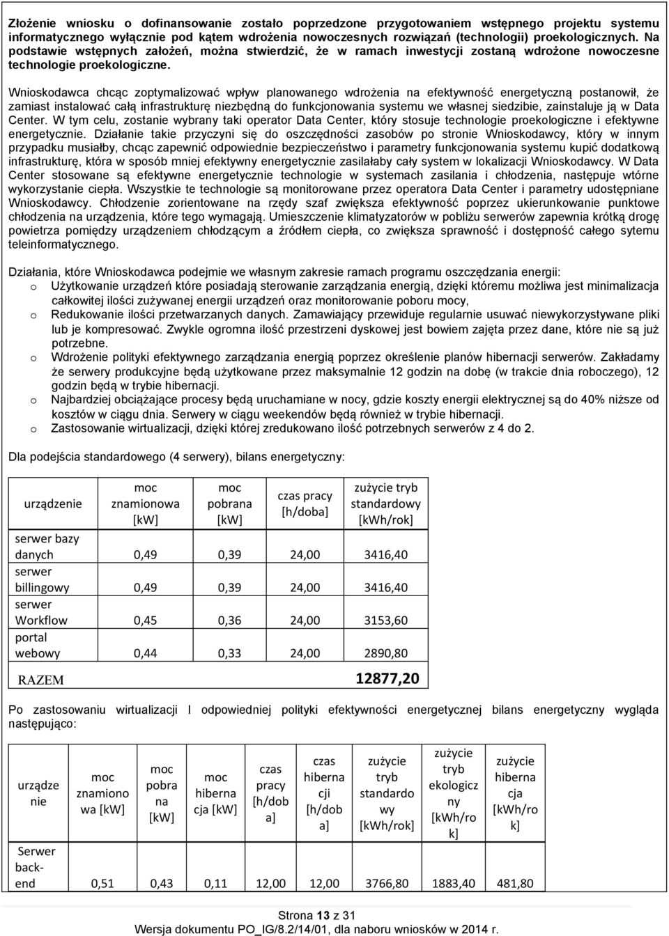 Wnioskodawca chcac zoptymalizować wpływ planowanego wdroz enia na efektywnosć energetyczna postanowił, z e zamiast instalować cała infrastrukturę niezbędna do funkcjonowania systemu we własnej