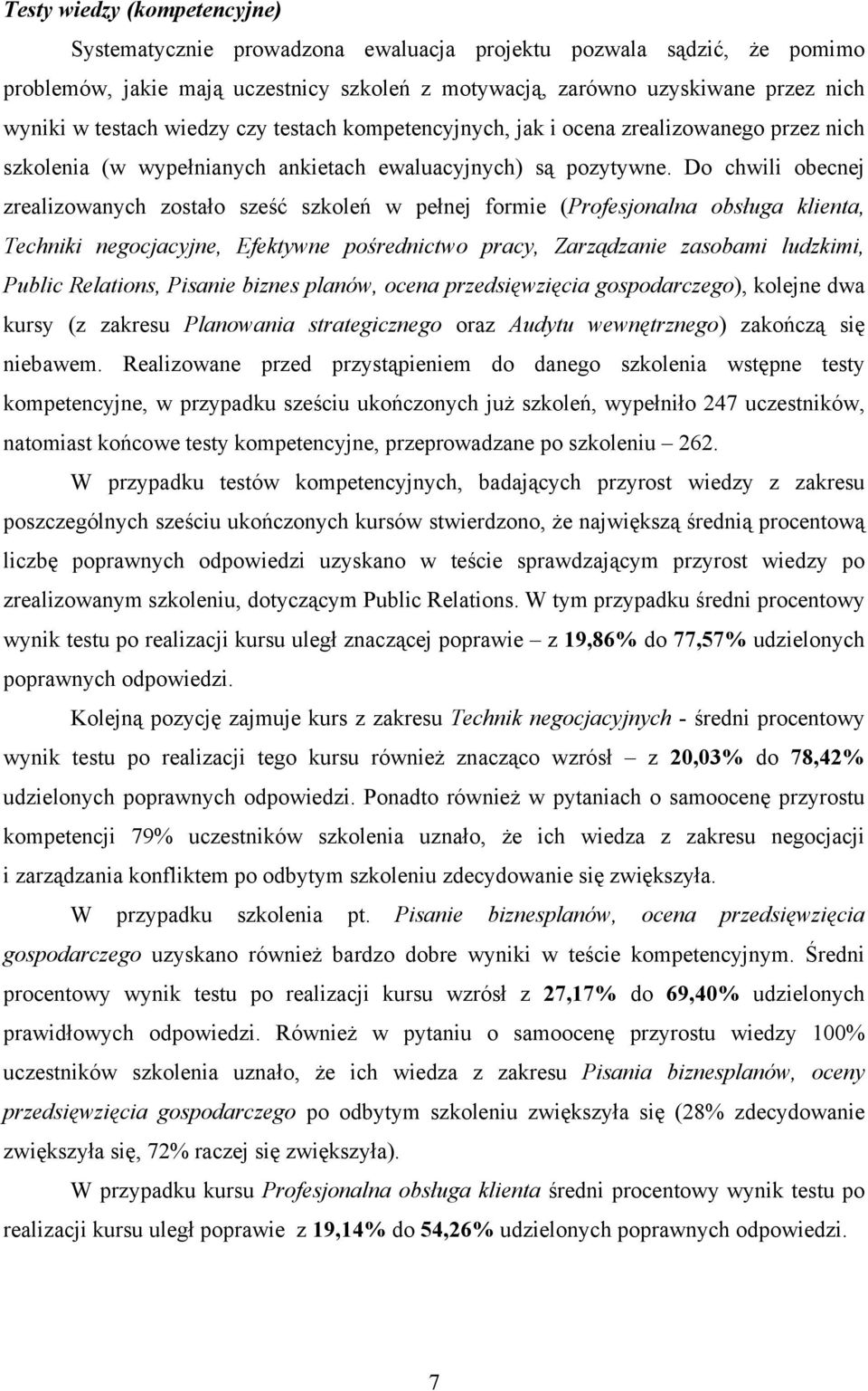 Do chwili obecnej zrealizowanych zostało sześć szkoleń w pełnej formie (Profesjonalna obsługa klienta, Techniki negocjacyjne, Efektywne pośrednictwo pracy, Zarządzanie zasobami ludzkimi, Public