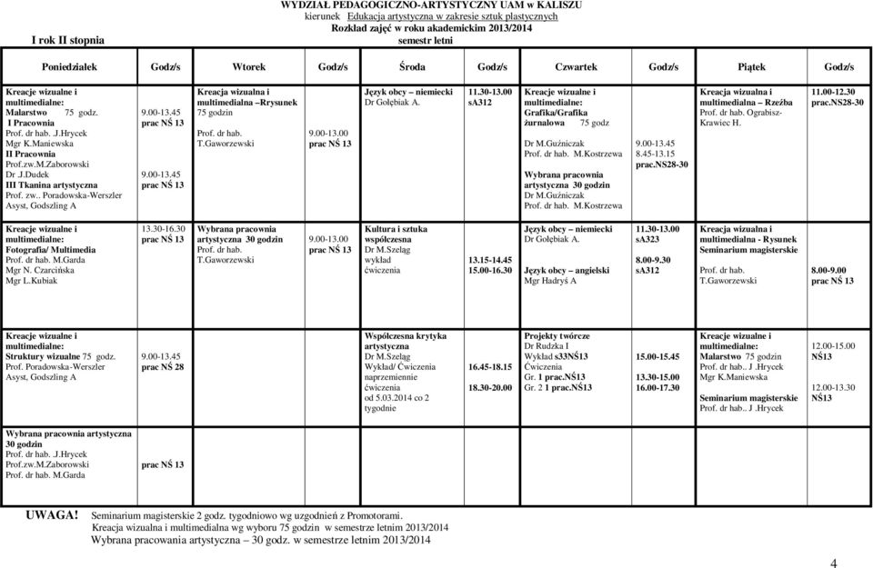 30 artystyczna 30 godzin Kultura i sztuka wspó czesna wyk ad zyk obcy niemiecki Dr Go biak A. zyk obcy angielski Mgr Hadry A sa323 sa312 multimedialna - Rysunek 8.00-9.00 Struktury wizualne 75 godz.