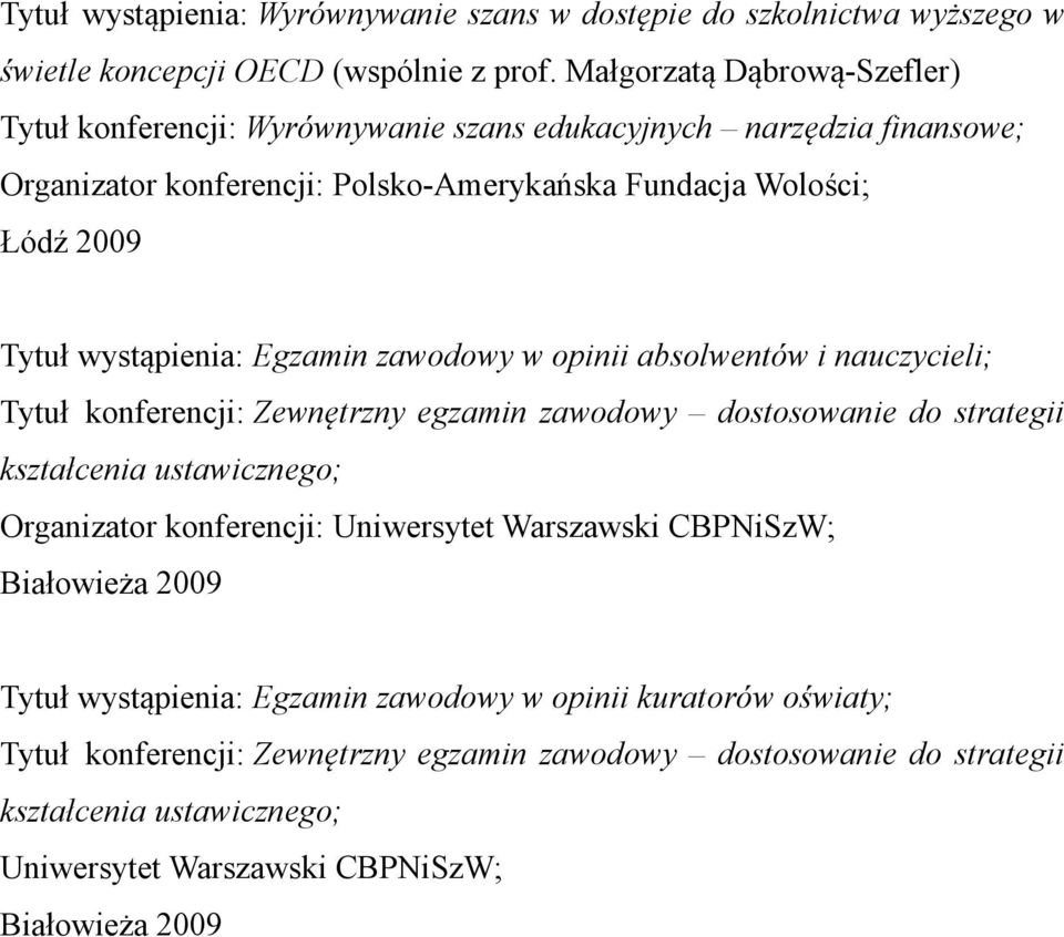 wystąpienia: Egzamin zawodowy w opinii absolwentów i nauczycieli; Tytuł konferencji: Zewnętrzny egzamin zawodowy dostosowanie do strategii kształcenia ustawicznego; Organizator