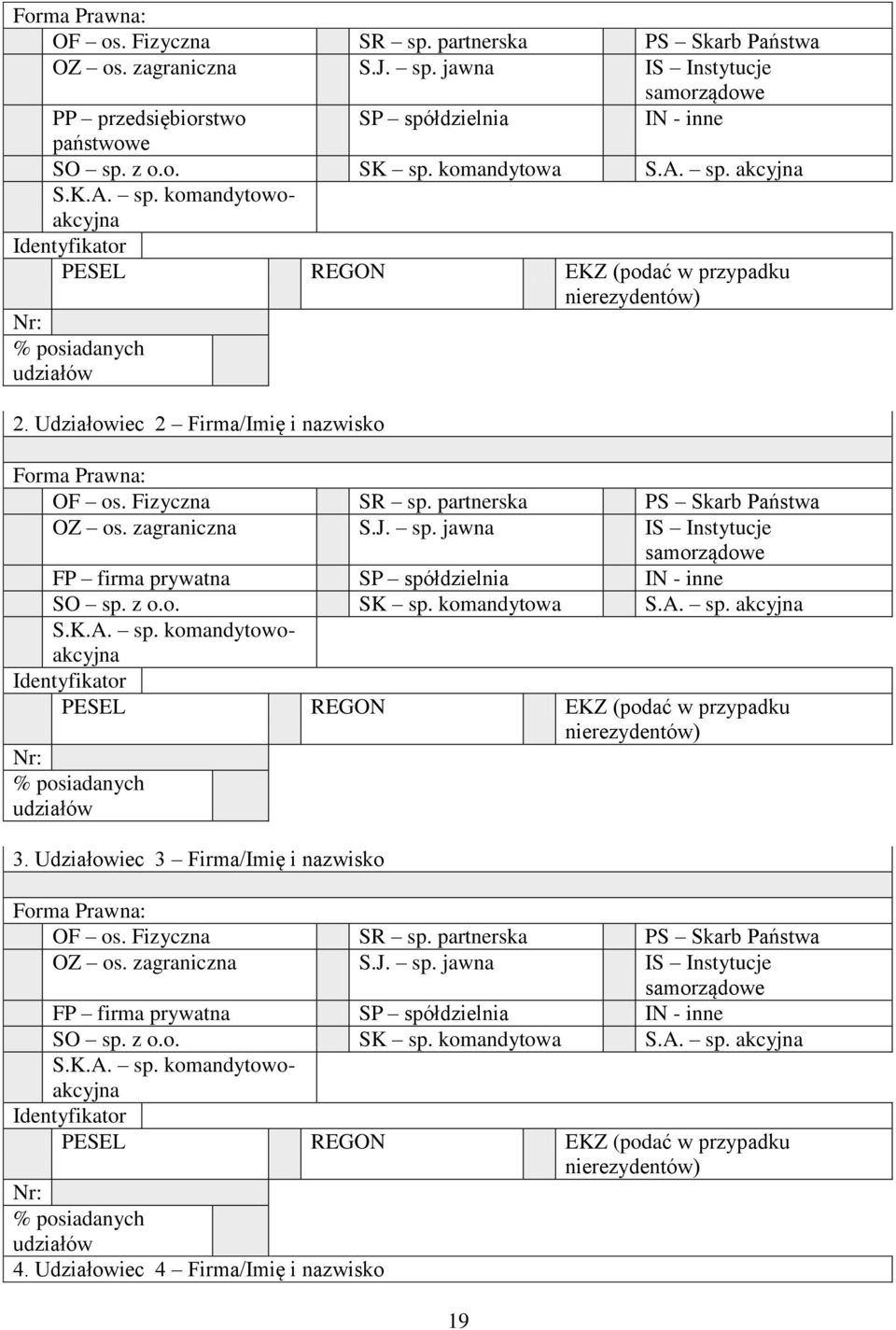 Udziałowiec 2 Firma/Imię i nazwisko Forma Prawna: OF os. Fizyczna SR sp. partnerska PS Skarb Państwa OZ os. zagraniczna S.J. sp. jawna IS Instytucje samorządowe FP firma prywatna SP spółdzielnia IN - inne SO sp.