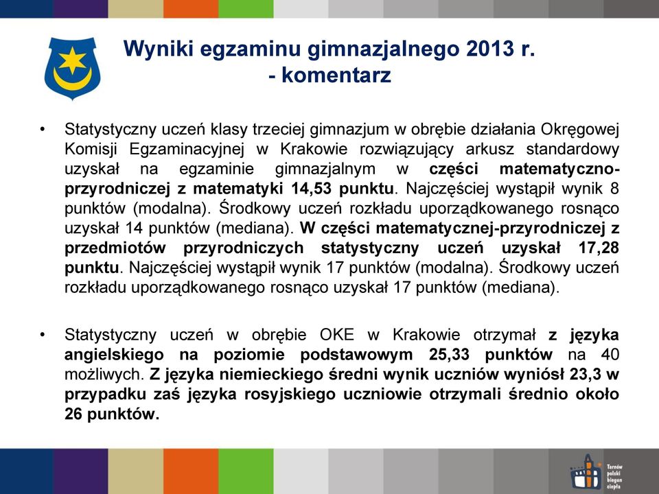 matematycznoprzyrodniczej z matematyki 14,53 punktu. Najczęściej wystąpił wynik 8 punktów (modalna). Środkowy uczeń rozkładu uporządkowanego rosnąco uzyskał 14 punktów (mediana).