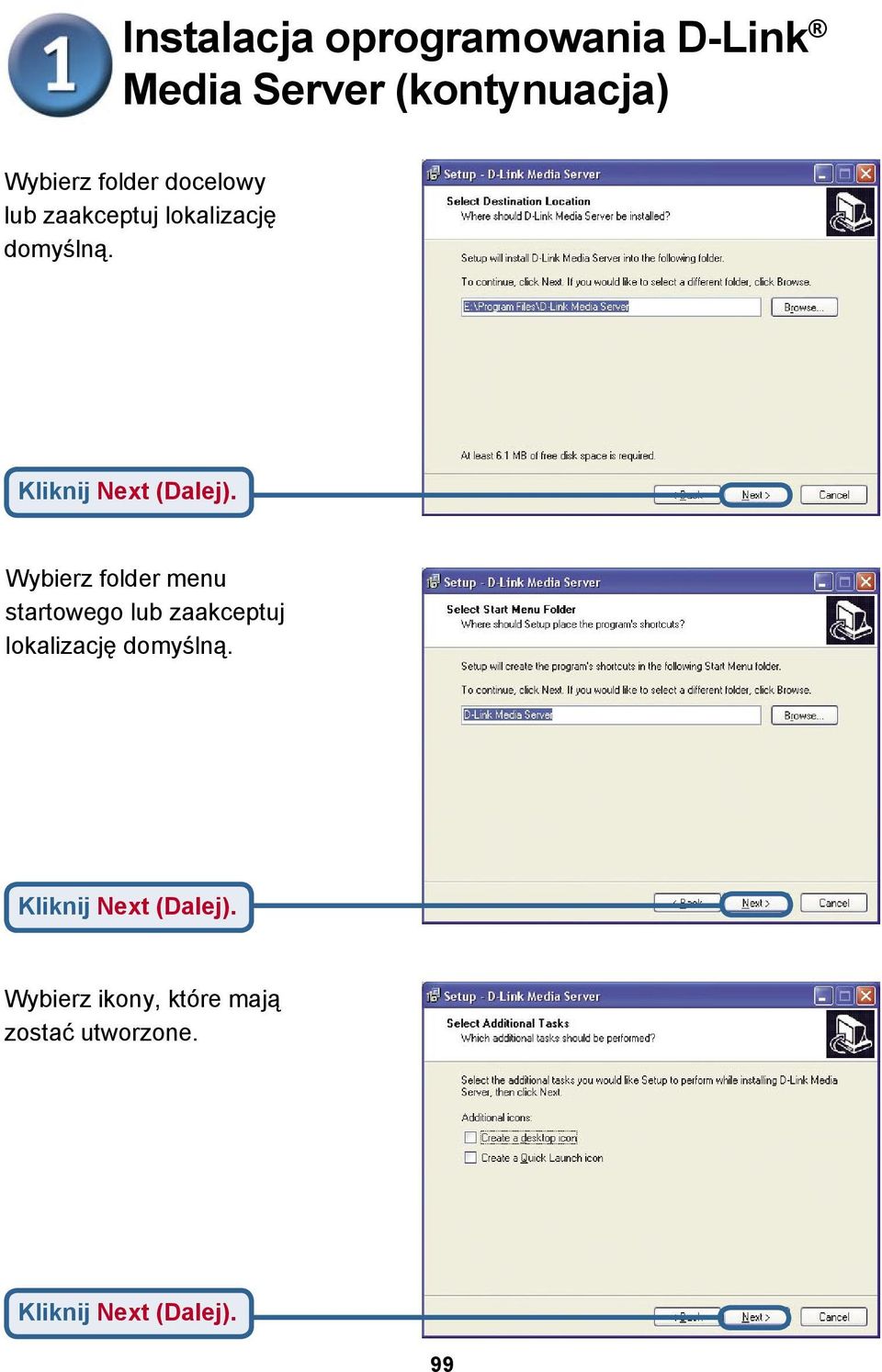 Wybierz folder menu startowego lub zaakceptuj lokalizację domyślną.